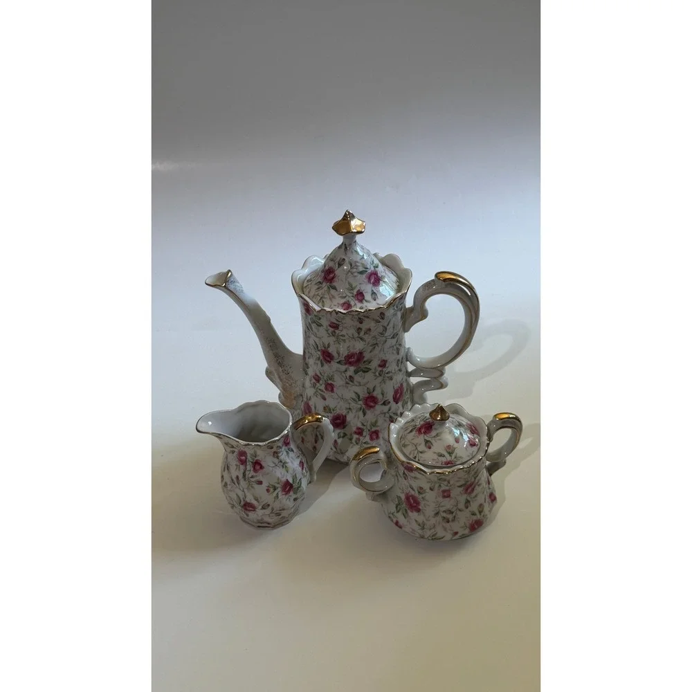Vintage Lefton China Pink Rose Chintz Teapot Sugar Creamer Set NE661R Japan